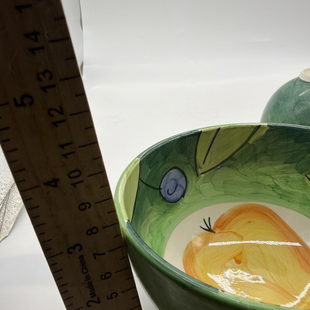 Bob Mackie Cereal Dessert Bowl Pears Grapes Fruit Bright Yellow Green Set Of 2 - Picture 14 of 14